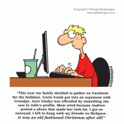 Social Networking Cartoons: cartoons about social networking, holidays online, celebrating Christmas online, holiday traditions, old fashioned Christmas, cartoons about Facebook, MySpace cartoons, online profile, photos online, Facebook profiles.
