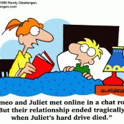 Social Networking Cartoons: cartoons about social networking, cartoons about chat rooms, chatting online, Romeo and Juliet, cartoons about online romance, online dating, Internet dating.