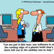 Computer Cartoons, Office Technology Cartoons: digital information processing, digital information management, office equipment, office machines, coping with office machines, coping with office technology,software, cutting edge software, outdated software, outdated technology.
