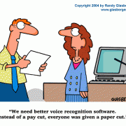 Computer Cartoons, Office Technology Cartoons: computer,  pay cut, paper cut,  business machines, office electronics, cartoons about computer technology,voice recognition software.