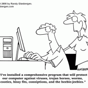 Computer Cartoons, Office Technology Cartoons: computer,  virus protection, virus software,  business machines, office electronics, cartoons about computer technology, protecting your computer, infected computer.
