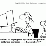 Computer Cartoons: home computer, home media center, computer desk, personal computer, family computer, family PC,puberty, teen, teenager, voice recognition software.