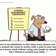 Stress Management Techniques. Howl at an ambulance or fire siren every chance you get. Run around the room in circles with a sock in your mouth. Eat a messy meal without using your hands or utensils. Ask a friend to scratch your belly...