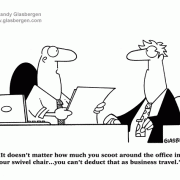 Tax Cartoons, cartoons about taxes, tax preparations, tax deductions, tax write offs, business travel, mileage, office furniture, swivel chair, accountant, tax accountant, tax forms.