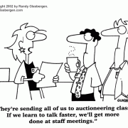 Teamwork Cartoons, Cartoons About Coworkers: employee relations, employee relationships, coworker relations, workforce, employees, auctioneering, productivity, talk faster, be more productive, communication, communication skills,  auction.