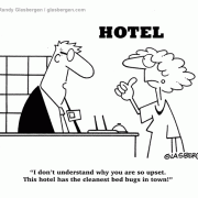 Vacation Cartoons: tourist cartoons, bed bugs, hotel, bad hotels, motel, lodging, hotel complaints, dirty hotel, spoiled vacation, hotel manager, hotel management.