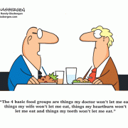 The 4 basic food groups are things my doctor won't let me eat, things my wife won't let me eat, things my heartburn won't let me eat and things my teeth won't let me eat.