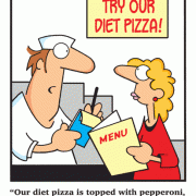 Our diet pizza is topped with pepperoni, sausage, cigarette butts, dead flies, ear wax and belly button lint.