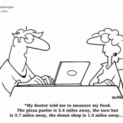 My doctor told me to measure my food. The pizza parlor is 2.4 miles away, the taco hut is 3.7 miles away, the donut shop is 1.3 miles away...
