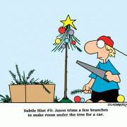 Subtile Hint #5: Jason trims a few branches to make room under the tree for a car.